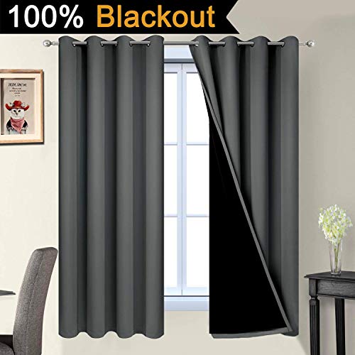 Image of Yakamok Dark Grey 100% Blackout Curtains 63 Inches Long 52 inch Wide 2 Panels | Blackout Curtain Panels for Bedroom, 2 Thick Layers Grommet Top Thermal Insulated Drapes with Black Liner for Living Room