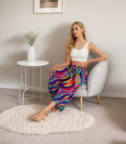 Image of IWOLLENCE Women Flowy Loose Wide Leg Pant Summer Beach Casual Trousers high Waist Adjustable Knot Business Work Casual Pants