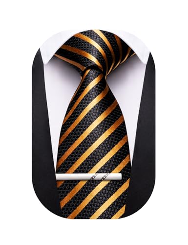 Image of Barry.Wang Silk Men Ties Formal Stripes Necktie and Tie Clip for Wedding Party Business Fashion Classic