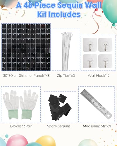 Image of Black Shimmer Wall Backdrop 48 Pcs - 8x6ft Glitter Sequin Photo Booth Background for Wedding Birthday Party Anniversary Decor, Reusable & Easy to Install with Zip Ties Included