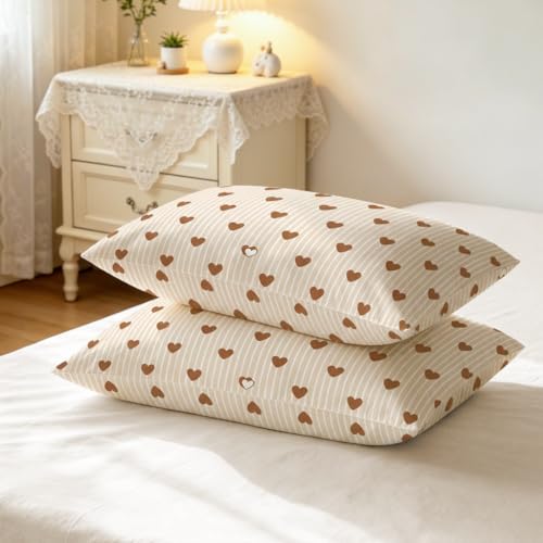 Image of Nayoroom Brown Heart Striped Duvet Cover Queen Size Girls Cute Aesthetic Dorm Bedding Set 3 Pieces Soft Lightweight Microfiber Farmhouse Duvet Cover