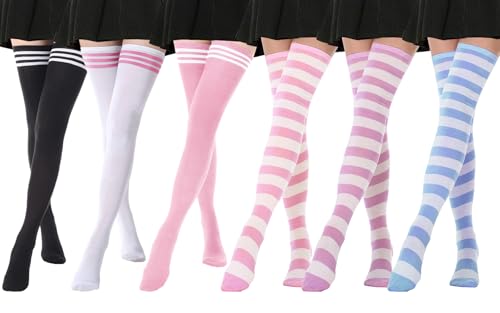 DRESHOW 6 Pairs Extra Long High Thigh Socks Striped Over Knee Thin Tights Long Stocking for Women Leg Warmer