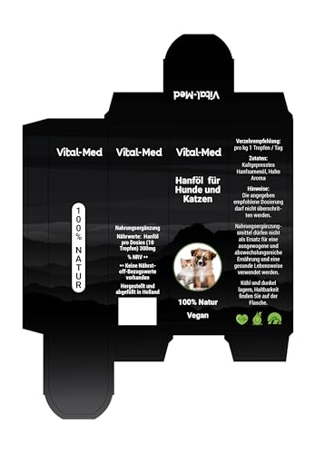 Vital-Med - hochdosiertes Hanföl für Hunde & Katzen - 30ML (750 Tropfen) - 25mg pro Tropfen - Premium Vital Hanfsamenöl - 100% Natur - Hanftropfen mit Omega 3-6-9 (Huhn)
