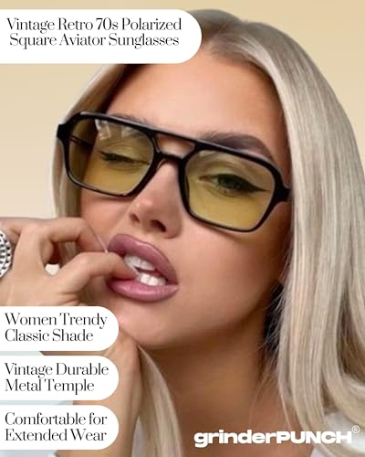 grinderPUNCH Retro Flat Square Trendy Sunglasses for Womens Mens Vintage 70s Style Double Bridge Sunglasses (Yellow)3
