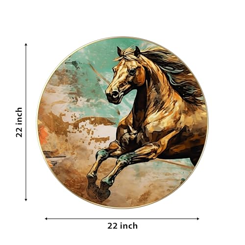 Image of PAINTINGMANTRA Abstract Golden Wild Running Horse Round Large Wall Art Painting for Living Room Decoration, Circular Gold Metal Finish Stylish Large Wall Art Print for Wall Decor (22x22 Inches)