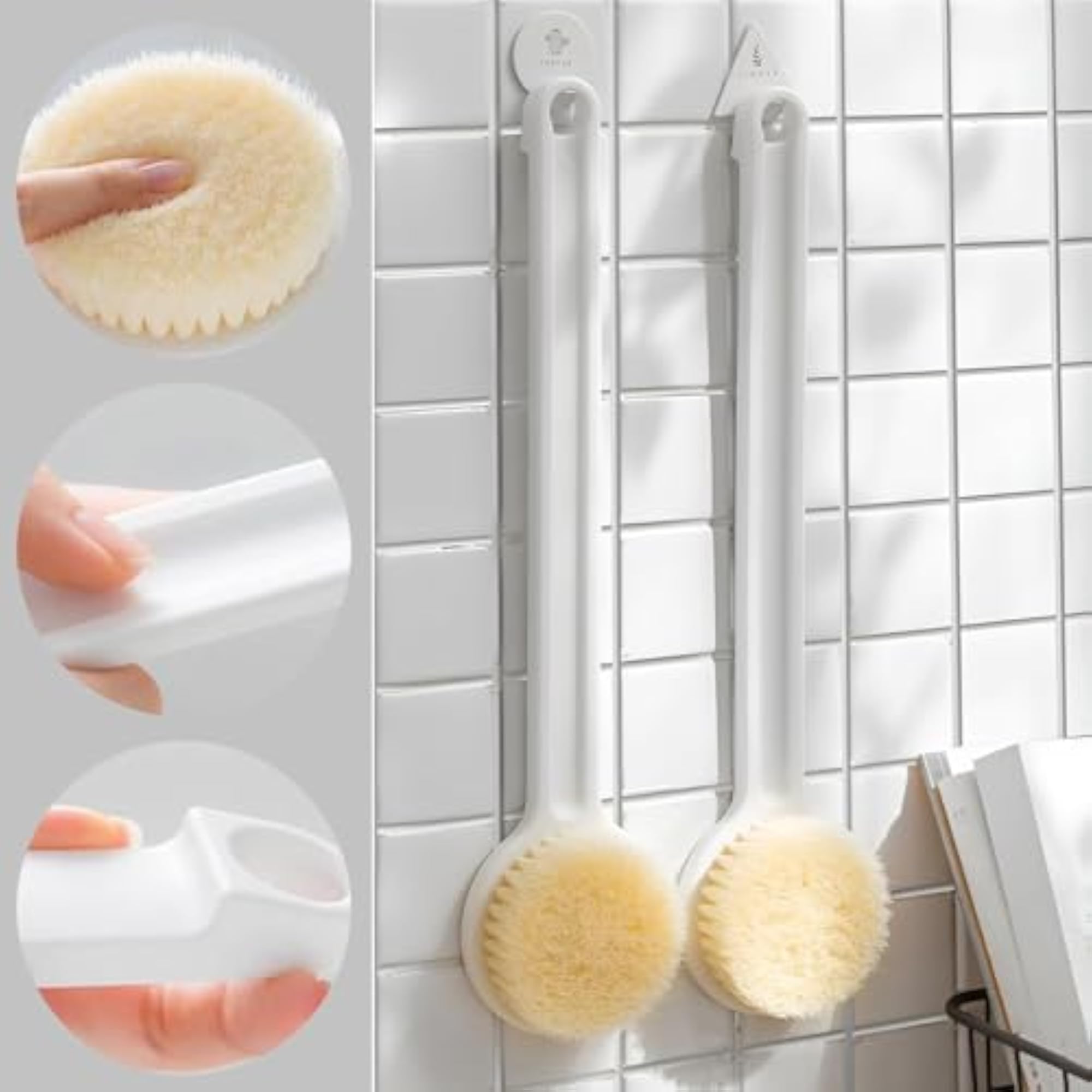 Premium Wooden Long Handle Bath Brush, Soft Bristle Body Scrubber