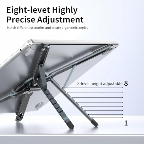 Image of Adjustable Laptop Stand for Desk, MagSafe Compatible Portable Foldable Computer Riser for MacBook, iPhone, iPad, Tablet - Lightweight Aluminum, N52 Magnetic Grip, Perfect for Office, Home, Traveling | MagSafe Compatible Foldable Design, 8-Level Height & Angle, Aluminum Alloy, Suitable for 10-16 inch Laptops (Gray)
