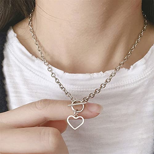 Heart Pendant Choker Necklace Silver Stainless Steel Toggle Necklaces Cable Chain for Women4