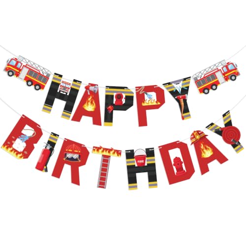 Image of Hooqict Happy Birthday Banner Firetruck Birthday Decorations Firefighter Party Banner Garland Sign for Firefighter Fireman Fire Station Rescue Birthday Party Decorations Supplies