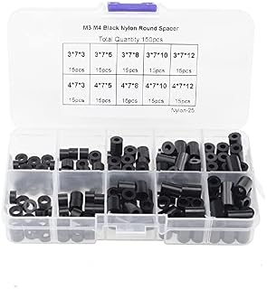 UYUYong 150 Pcs ABS Round Spacer Washer Kit Insulation Spacer Nylon Spacers for 3D Printer M3 M4 Screws Non Threaded Column Standoff Support Spacer with Storage Box -Black