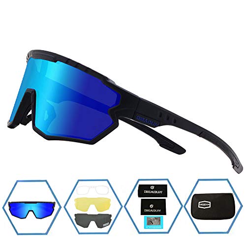 GIEADUN Polarized Sports Sunglasses Cycling Glasses Baseball Sunglasses with 3 lenses,Fishing,Ski Running Golf (blue black, Large)
