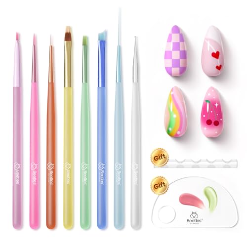 Image of Beetles Nail Art Brushes Set for Gel Polish 8 Pcs - Nail Art Design Pen Fingernail Painting Dotting Tool, Liner Gradient Clean Up Brush DIY with Palette Rainbow Pastel Pen Set Manicure Kit