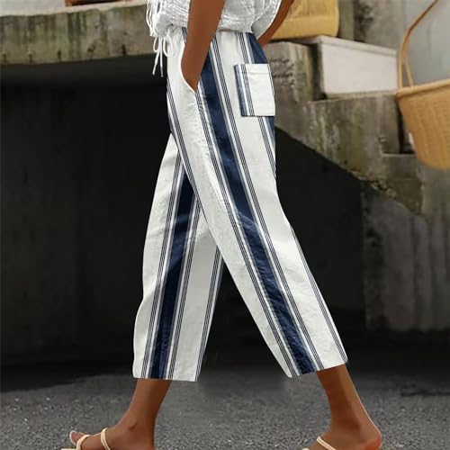 Stripe Color Block Capri Pants for Women Casual Straight Leg Capri Pants Drawstring Elastic Waist Cropped Trousers2