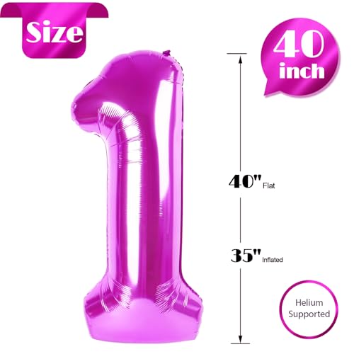 Image of 40 Inch Rosy Purple 1 Balloon for First Birthday, 1st Number Balloons Birthday Decorations, One Giant Number 1 Balloon