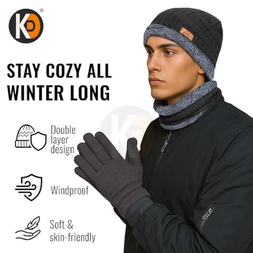 Image of K D Winter Wear 2-in-1 Woolen Beanie Cap & Muffler Set for Men & Women | Soft Thermal Wool | Fleece-Lined | Head & Neck Warmer | Unisex Winter Accessories (Cap /Muffler - Black)