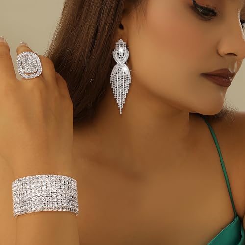 Sllaiss Rhinestone Bridal Jewelry Set for Women Sparkling Rhinestone Stretch Bracelet Ring Dangle Tassel Earrings Set Costume Jewelry2