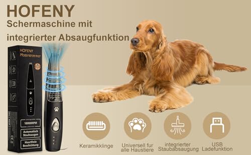 Hofeny Pfotentrimmer für hunde, Hundeschermaschine mit Staubsauger, Katzenkrallen-Trimmer, leise Pfotenschermaschine, Haustier-Rasierer für Hunde, Katzen, Pfoten, Augen, Ohren, Gesicht und Körper