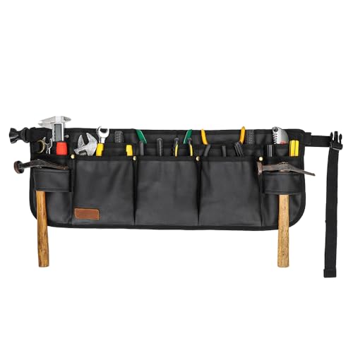 Image of Tool Waist Apron, Heavy Duty Waxed Canvas Tool Belt, Waist Tool Belt with 10 Pockets and 2 Hammer Loops, Adjustable Length