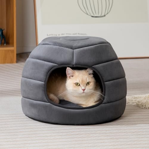 Hollypet Katzenbett Kleines Hundebett, 2-in-1 faltbares Haustier-Höhlenbett, Warmes Haustierbett aus Kristallsamt, Dunkelgrau S