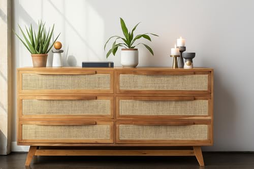 Image of Goku Rattan Chest of Drawer for Home & Office | Cane Storage Unit with 6 Drawer |Mango Wood,| Natural Finish |