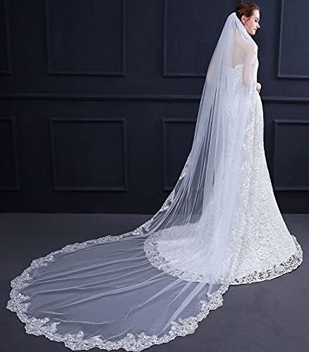 3m 大聖堂 ブライダルベール と 櫛 1層 長い床のベール レース刺繡エッジ ブライダルウェディングベール エラガント ドロップベール ウェディングアクセサリー,象牙,3M