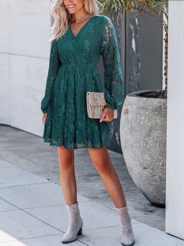 Long Lace Sleeve Dress for Women Elegant Floral Mini Dresses for Wedding Guest Peasant Sleeves V Neck Party3