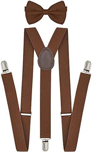 trilece Bow Tie and Suspenders for Men Women Adjustable 1 inch Y Shape Suspender Strong Clips Pre Tied Bowtie (Brown, 1)