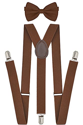 Mens Brown Suspenders Bow Tie Set Adjustable Y-Back Suspenders with Matching Bow Tie for Casual Formal and Formal Wear | Country Outdoor Wedding