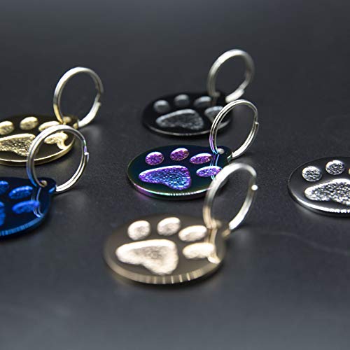 Engraved Cat Tags - Personalized With 4 Lines Of Custom Engraved Id, Round Paw Print Solid Plating Stainless Steel In 5 Colors: Gold, Rose Gold, Blue, Black, Nebula #TOP3