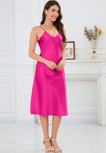 Image of ALCEA ROSEA Women's Midi Satin Slip Dress Adjustable Spaghetti Strap Nightgown Silky Under Dresses