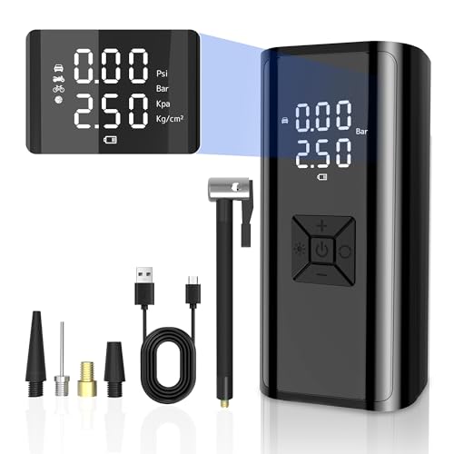 Portable Air Pump for Car Tires with Digital Pressure Gauge, 150PSI Cordless Portable Tire Inflator Air Compressor Electric Rechargeable Tire Air Pump with Emergency Light for Car Bike Motorcycle Ball