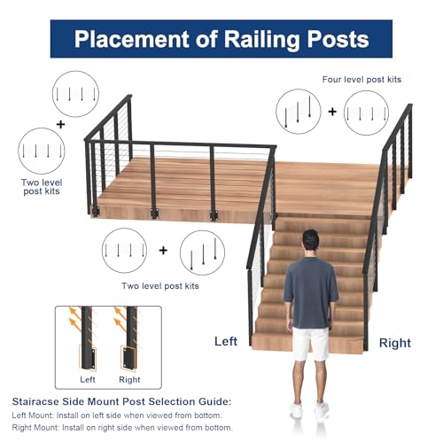Image of BLIKA 1 Pack 36 inch Side Mount Stair Cable Railing Post for 25-35 Degrees Stair, Stainless Steel, Right Side Fascia Mount Stair Railing Post for Cable Railing Kit, Black Powder Coated Side Mount Post