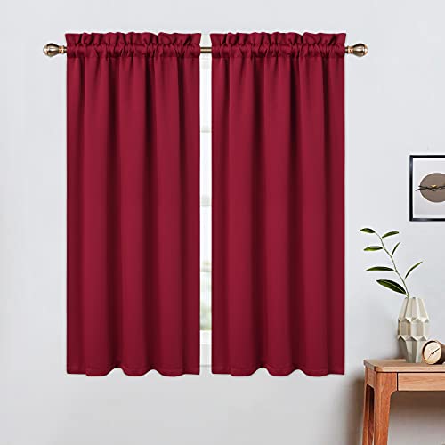 LinTimes Blackout Short Curtains for Bathroom Set 2 Panels Rod Pocket Cafe Tier Curtains Light Blocking Blackout Room Darkening Camper Curtains for Small Windows Kitchen 26x45 Inch Length Red Wine