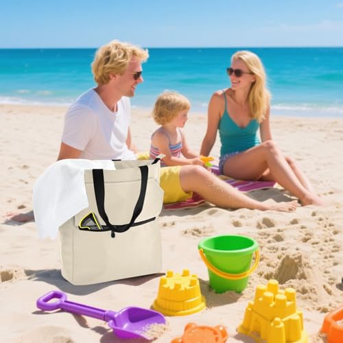 Bolsa de mano multiusos con bolsillos, ideal para compras y playa con cómodas asas beige 7