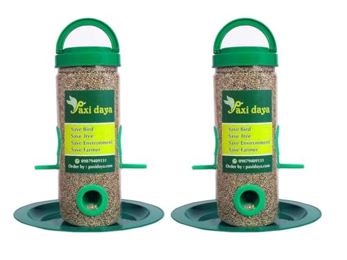 Image of Bird Feeder for Garden & Balcony (Pack of 2) | Hanging Seed Feeder with Tray | Outdoor Bird Feeding Container for Sparrows & Small Birds