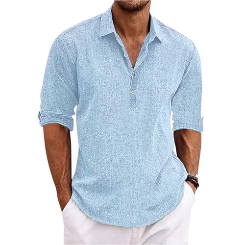 NIBESSER Camisa Lino Hombre Manga Larga Camisa Verano Hombre Elegante Camisa Slim Fit Hombre Casual con Botónes Camisas con Cuello Transpirable Color Sólido para Vacaciones Mar Playa, Azul, XXL