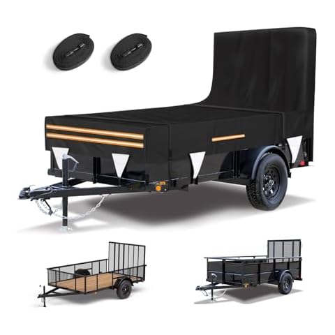 SKYJDM 5 x 10 Windproof Utility Trailer Cover, 600D Waterproof Trailer Cover with Rear Landscape/Tailgate Ramp Heavy Duty Trailer Cover with Windproof Ropes Fits 5 x 10 FT Trailers Cover