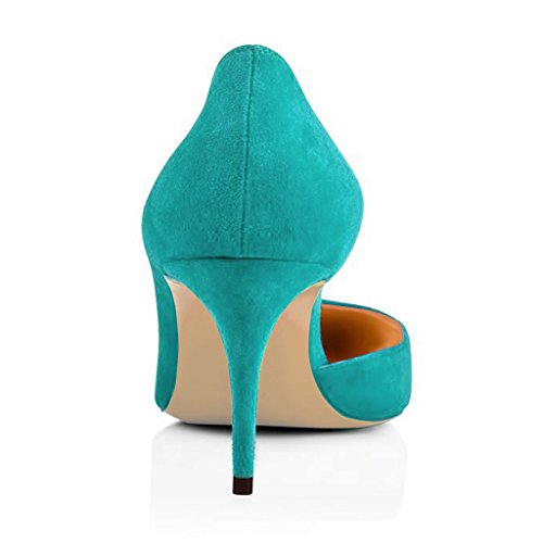 FSJ Women Basic Slip on D'Orsay Pumps Low Heels Pointed Toe Faux Suede Office Dress Shoes Size 8 Turquoise - Thumbnail 3