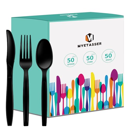 150 Stück Plastikbesteck, Strapazierfähiges Besteck Set aus Kunststoff, Wiederverwendbar, Partyutensilien, Familienfeiern, schwarz 1