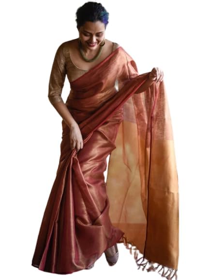 INDIA SILK P.W.C.S LTD Women's Tissue Linen Blend Plane Saree with Running Blouse_Color Variation