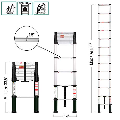 Toolitin Telescoping Ladder,12.5 FT One Button Retraction Aluminum Telescopic Extension Ladder,Slow Down Design Extendable Ladders Portable Best for Household Daily or RV Work,330 Pound Capacity… - Thumbnail 3