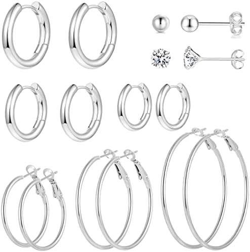 8 Pairs Stainless Steel Silver Hoop Earrings Set for Women Girls Minimalist Huggie Cuff Earrings Sets for Multiple Piercing Hoops and Studs Earrings Set Cartilage Hypoallergenic Small CZ Earrings Ball Earrings Sets