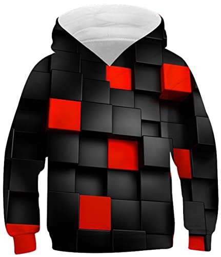Image of Ocean Plus Boys Digital Print Hoodie with Kangaroo Pocket Girls Cat Sweatshirt Unisex Kids Colourful Hoodie (11-12 years old/145-155 cm, Red black squares)