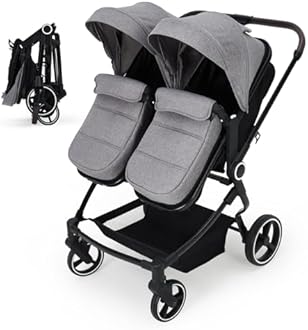 GarveeLife Side by Side Double Stroller for Twins, Lightweight Compact Foldable Baby Travel Stroller with High Landscape Seat, Adjustable Canopy & Recline for Infant and Toddler, Light Grey