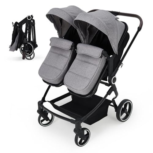 GarveeLife Side by Side Double Stroller for Twins, Lightweight Compact Foldable Baby Travel Stroller with High Landscape Seat, Adjustable Canopy & Recline for Infant and Toddler, Light Grey