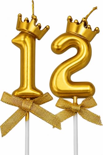 Image of Gold Crown Number 12 or 21 Birthday Cake Candles, Pack of 2