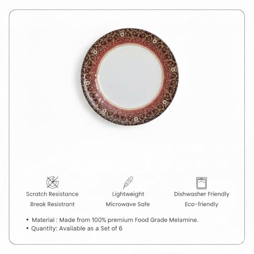Image of Melamine Quarter Plates | Round Half Plate | Microwave Safe | Break Resistant | Plates for Snacks, Lunch, Dinner | Plates for Home, Office, Restaurant | Set of 6 | 7 Inch's (RED Diamond)
