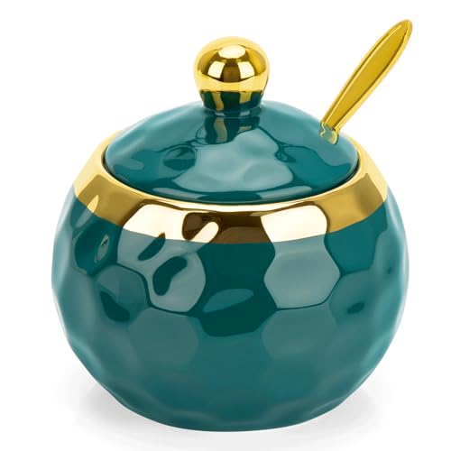 TELANKS Azucarero con tapa y cuchara, salero con tapa, tarros de especias de cerámica, olla de sal para el hogar y la cocina, diseño de mármol verde