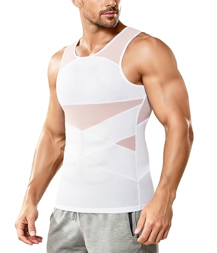 Nebility Compression Shirt Mens Shapewear - Sleeveless Slimming Undershirts Mesh Body Shaper Workout Tank Tops White