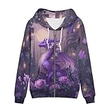 WELLFLYHOM Dragon Rose Zip Up Hoodies for Women Castle Hooded Cardigan Oversize Sweater Shirts Long Sleeve Sweatshirts Lightweight Graphic Jackets Purple M